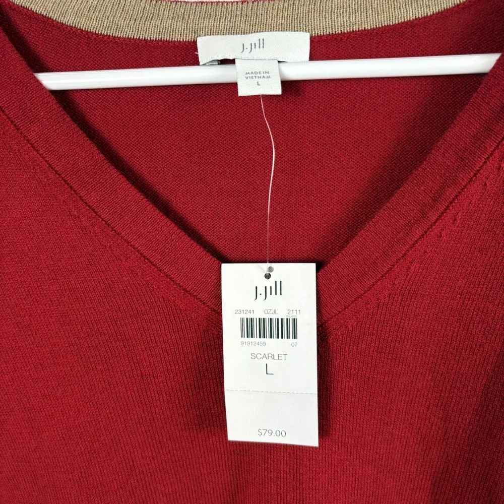 NWT J. Jill Sweater L Scarlet Red V-Neck Cotton Blend Minimalist Christmas